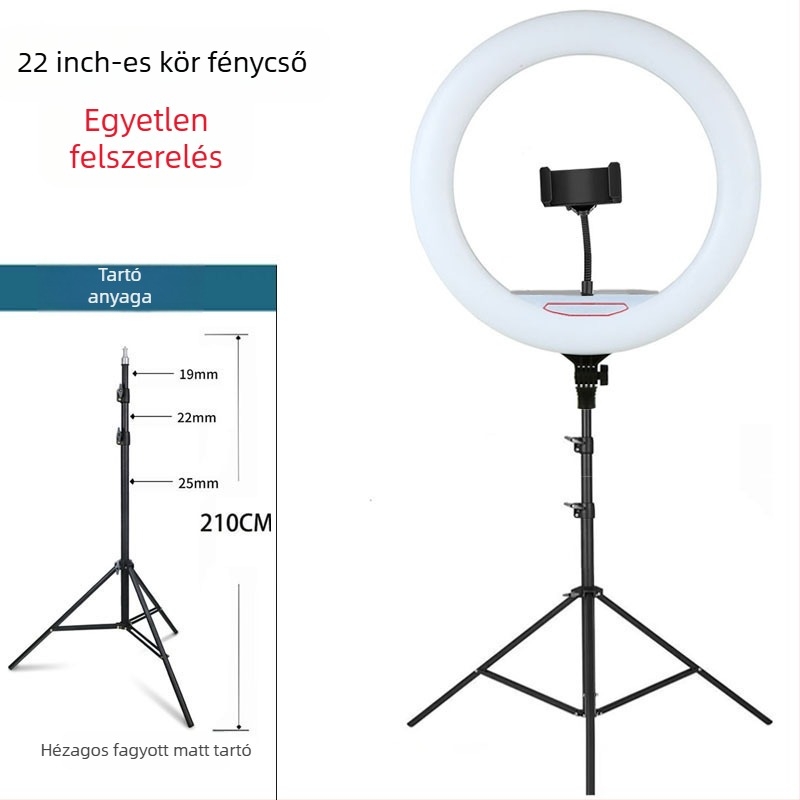 Padlóra álló gyűrűs lámpa élő közvetítéshez telefon tartóval, LED 55–65W, 220V, dimmelhető