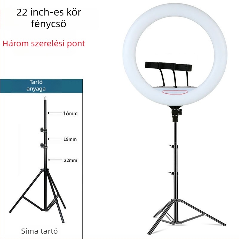 Padlóra álló gyűrűs lámpa élő közvetítéshez telefon tartóval, LED 55–65W, 220V, dimmelhető