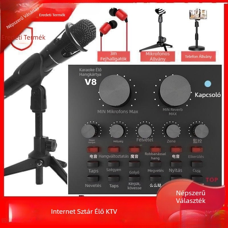 V8 hangkártya készlet élő közvetítéshez — Vezeték nélküli karaoke mikrofon, Bluetooth 3.0, beépített 300–500 mAh akkumulátor, üzemidő 3–6 óra