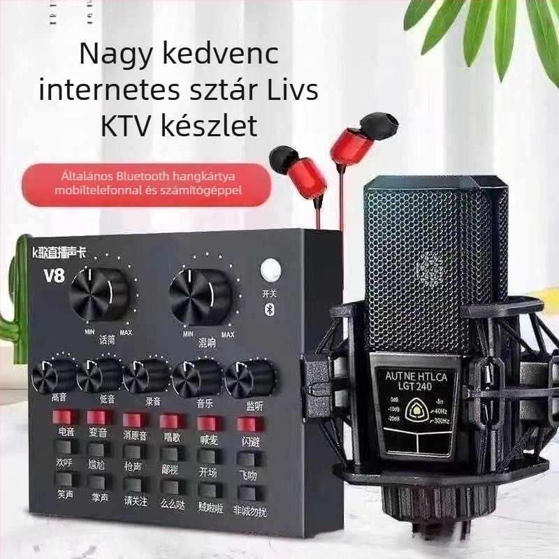 V8 hangkártya készlet élő közvetítéshez — Vezeték nélküli karaoke mikrofon, Bluetooth 3.0, beépített 300–500 mAh akkumulátor, üzemidő 3–6 óra