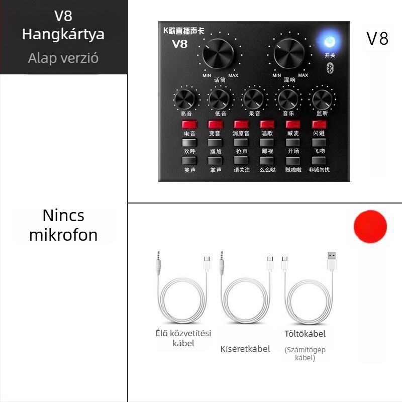 V8 hangkártya készlet élő közvetítéshez — Vezeték nélküli karaoke mikrofon, Bluetooth 3.0, beépített 300–500 mAh akkumulátor, üzemidő 3–6 óra