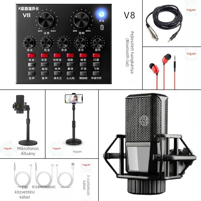 V8 hangkártya készlet élő közvetítéshez — Vezeték nélküli karaoke mikrofon, Bluetooth 3.0, beépített 300–500 mAh akkumulátor, üzemidő 3–6 óra