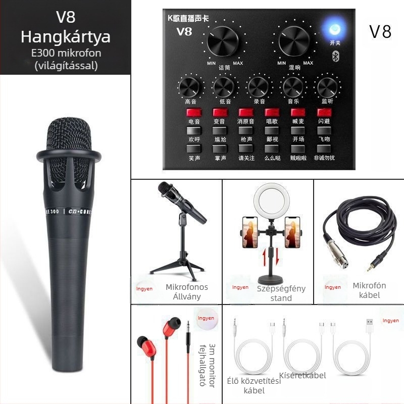 V8 hangkártya készlet élő közvetítéshez — Vezeték nélküli karaoke mikrofon, Bluetooth 3.0, beépített 300–500 mAh akkumulátor, üzemidő 3–6 óra