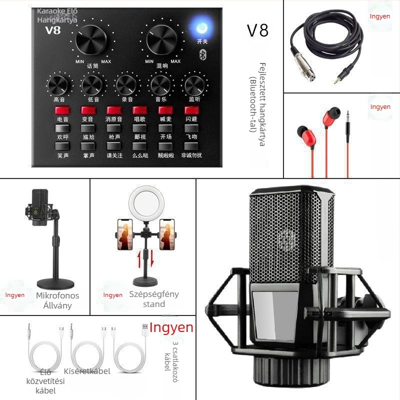 V8 hangkártya készlet élő közvetítéshez — Vezeték nélküli karaoke mikrofon, Bluetooth 3.0, beépített 300–500 mAh akkumulátor, üzemidő 3–6 óra