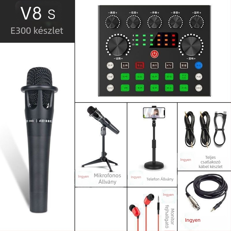 V8 hangkártya készlet élő közvetítéshez — Vezeték nélküli karaoke mikrofon, Bluetooth 3.0, beépített 300–500 mAh akkumulátor, üzemidő 3–6 óra