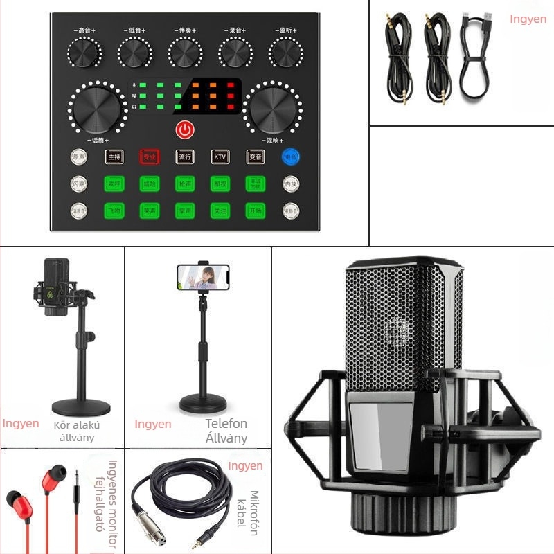 V8 hangkártya készlet élő közvetítéshez — Vezeték nélküli karaoke mikrofon, Bluetooth 3.0, beépített 300–500 mAh akkumulátor, üzemidő 3–6 óra