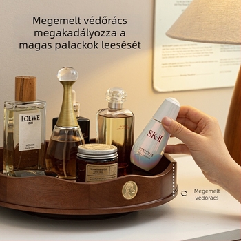 Tömörfa kozmetikai tároló asztali forgó tálcával, a bőrápolási termékekhez, parfümhöz, ékszerekhez és rúzshoz
