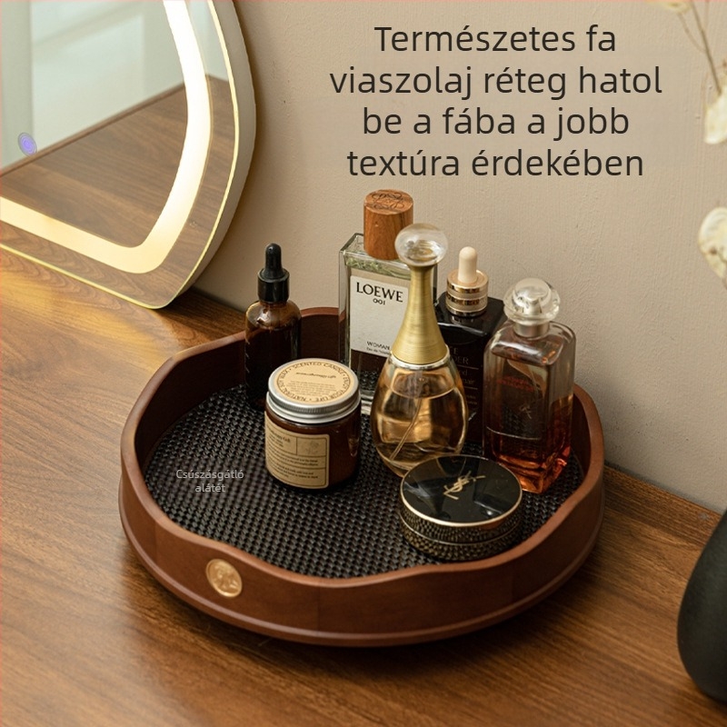 Tömörfa kozmetikai tároló asztali forgó tálcával, a bőrápolási termékekhez, parfümhöz, ékszerekhez és rúzshoz