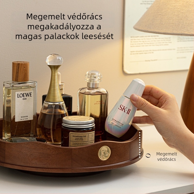 Tömörfa kozmetikai tároló asztali forgó tálcával, a bőrápolási termékekhez, parfümhöz, ékszerekhez és rúzshoz