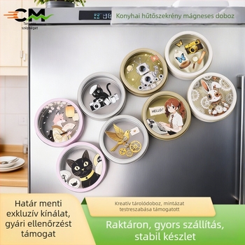 Kerek mágneses tárolóedény hűtőhöz, aranyos anime-stílus, átlátszó