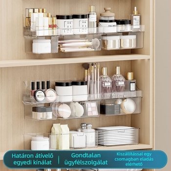 Tükrös kozmetikai tároló doboz rekeszekkel, egymásra tehető, fúrás nélkül, 1 L, műanyag PS