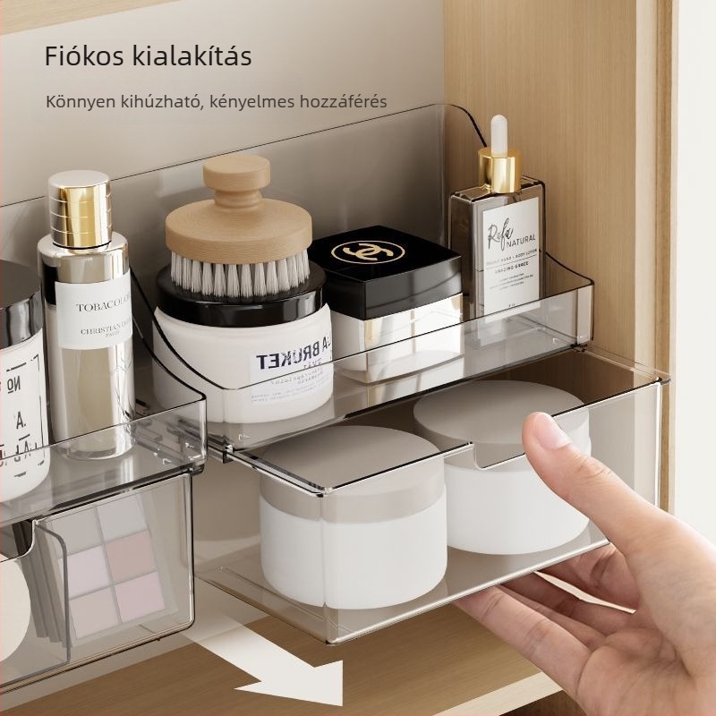 Tükrös kozmetikai tároló doboz rekeszekkel, egymásra tehető, fúrás nélkül, 1 L, műanyag PS