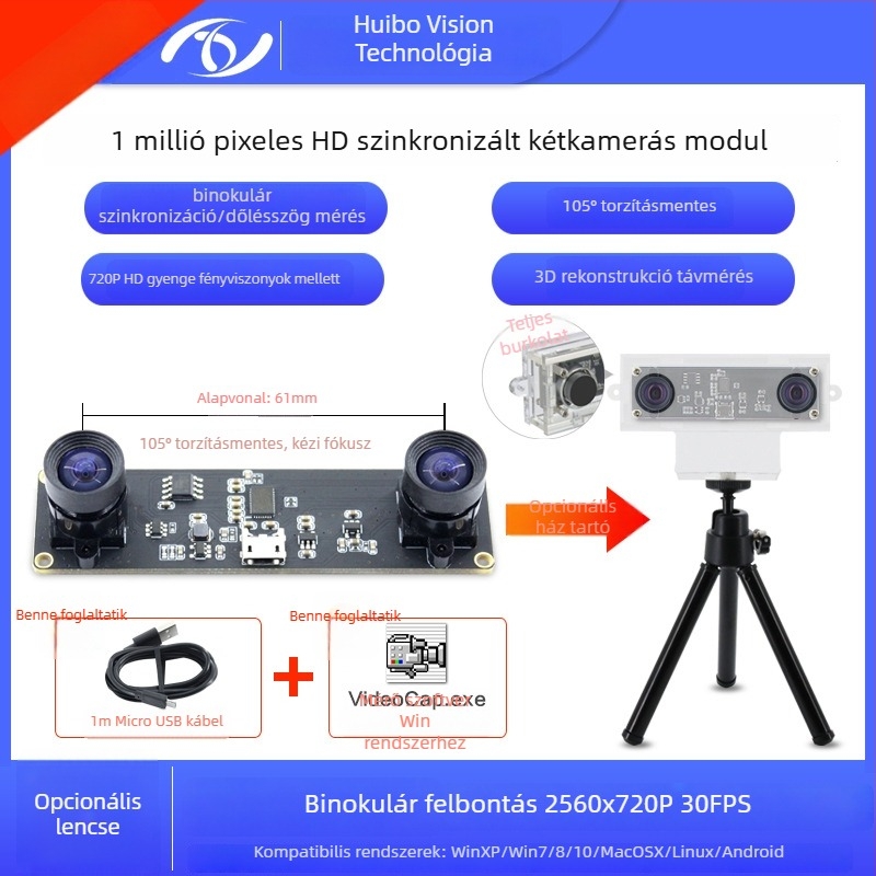 Sztereo kamera modul, 1.0MP szenzor, 3D rekonstrukció és arcfelismerés, mélységérzékelés, USB 2.0 drivertől mentes, 30FPS