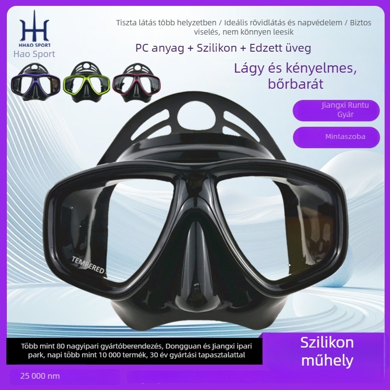Kültéri sportbúvármaszk edzett üveggel, szilikon tömítés, PC lencsével, anti-fog, HD tisztaság