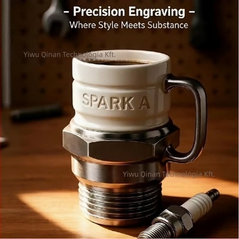 Spark Plug Mug – kávés bögre rozsdamentes acélból, 3D dizájn, modern minimalista stílus, érdekes díszítés