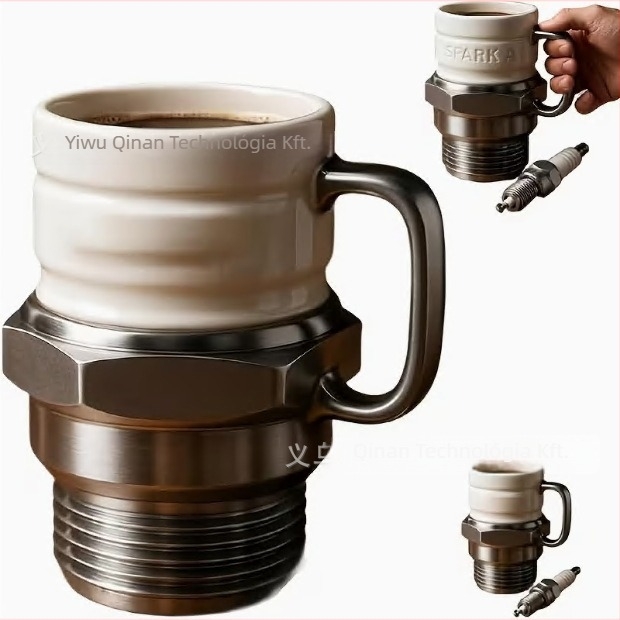 Spark Plug Mug – kávés bögre rozsdamentes acélból, 3D dizájn, modern minimalista stílus, érdekes díszítés