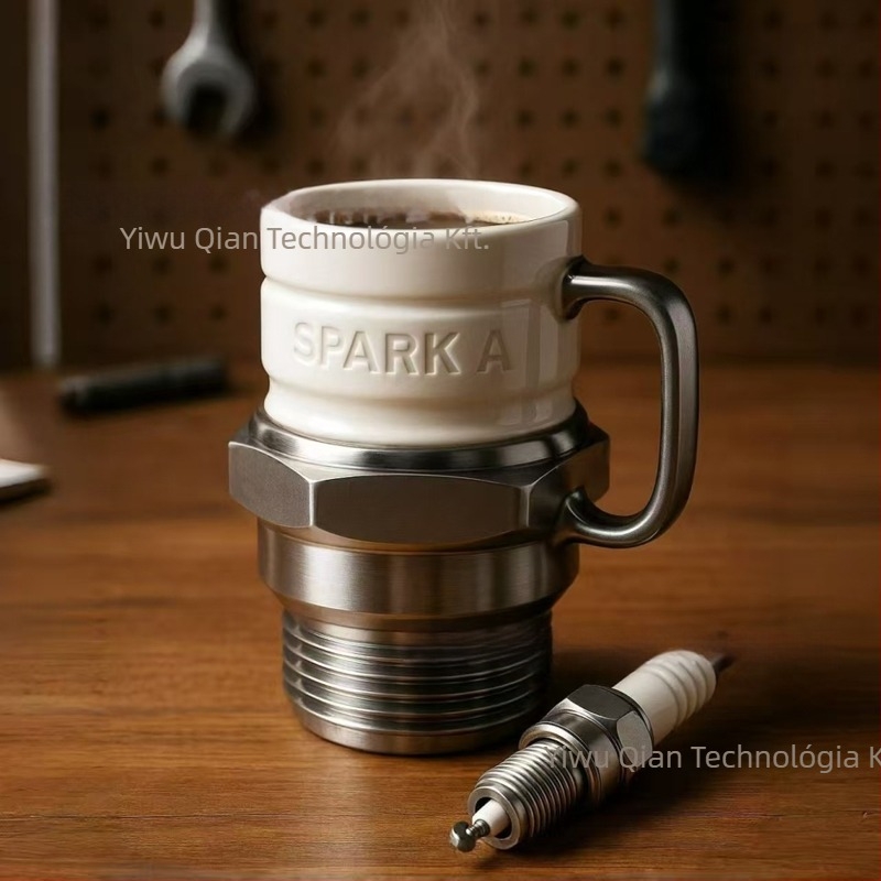 Spark Plug Mug – kávés bögre rozsdamentes acélból, 3D dizájn, modern minimalista stílus, érdekes díszítés