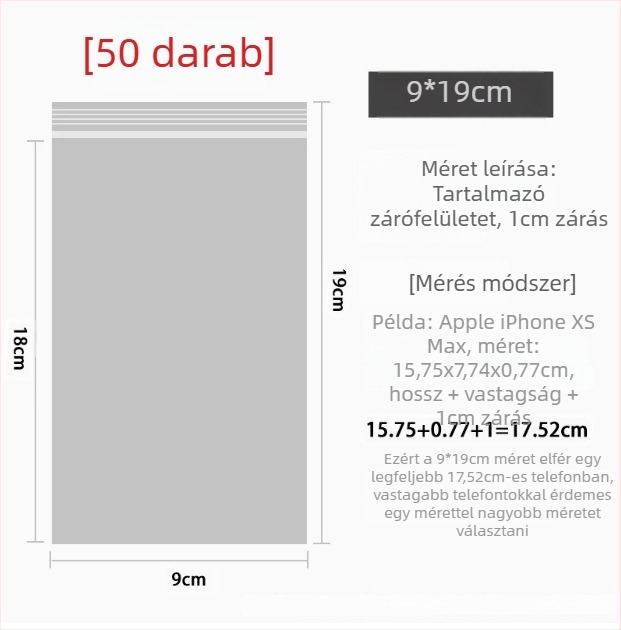Önzáró, átlátszó PE zacskó mobiltelefon-kiegészítőinek csomagolásához (Anyag: PE; Márka: First Benefit; Cél: mobiltelefon-kiegészítők csomagolása)