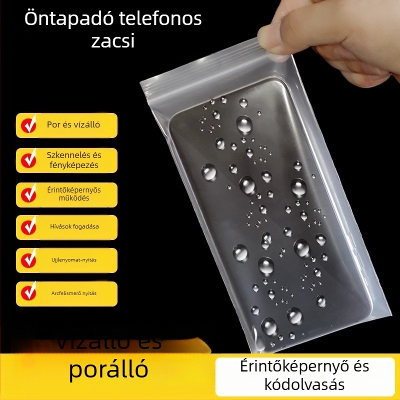 Önzáró, átlátszó PE zacskó mobiltelefon-kiegészítőinek csomagolásához (Anyag: PE; Márka: First Benefit; Cél: mobiltelefon-kiegészítők csomagolása)