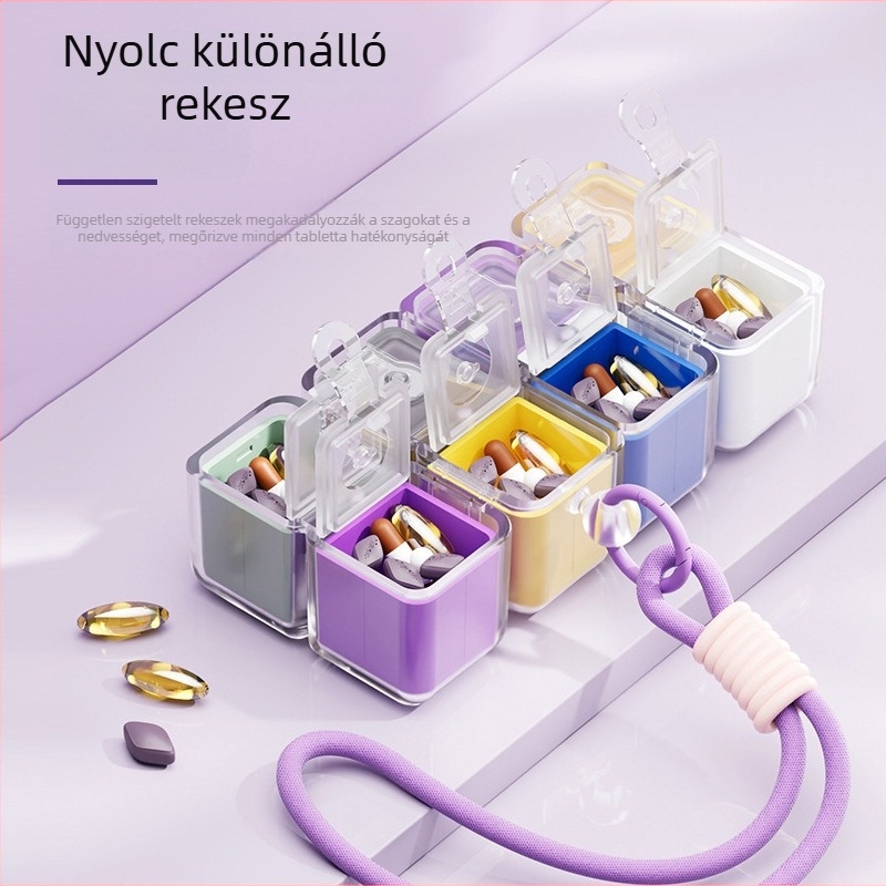 8 rekeszes mágneses tablettatartó doboz nyakpánttal, PC+PP anyagból, élelmiszer-minőségű zárással — Modell H010