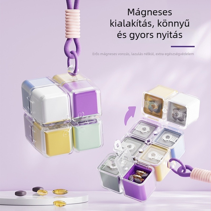 8 rekeszes mágneses tablettatartó doboz nyakpánttal, PC+PP anyagból, élelmiszer-minőségű zárással — Modell H010