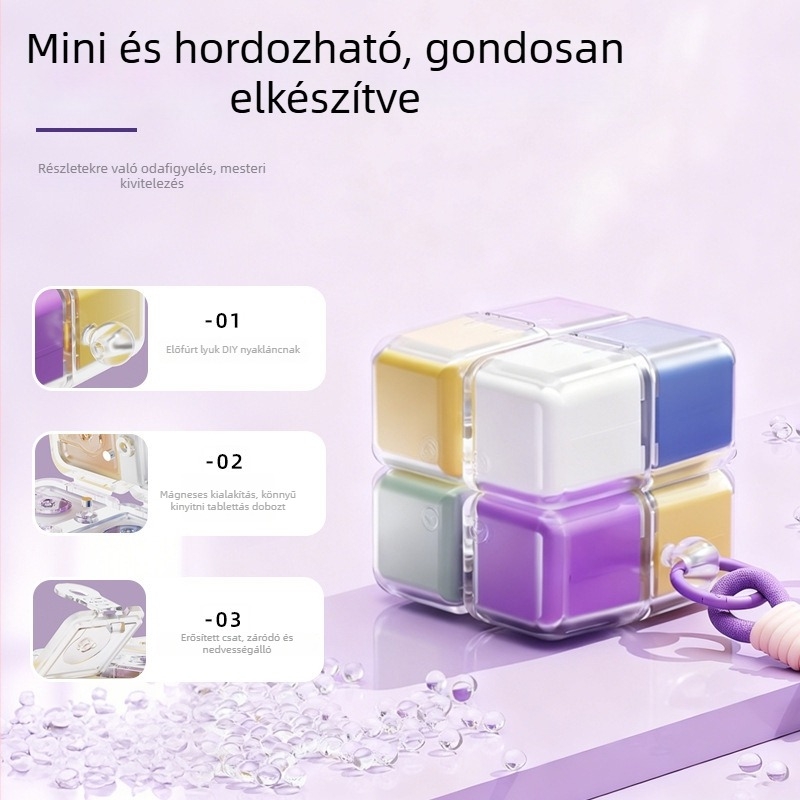 8 rekeszes mágneses tablettatartó doboz nyakpánttal, PC+PP anyagból, élelmiszer-minőségű zárással — Modell H010