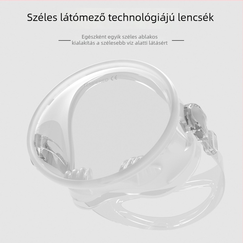 Integrált páramentes búvármaszk szabad merüléshez, nagy keret, vízálló és szivárgásmentes; szilikon, edzett üveg és polikarbonát