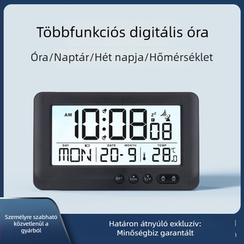 Rádióvezetésű LCD ébresztőóra hőmérővel, örökös naptárral és ébresztő funkcióval