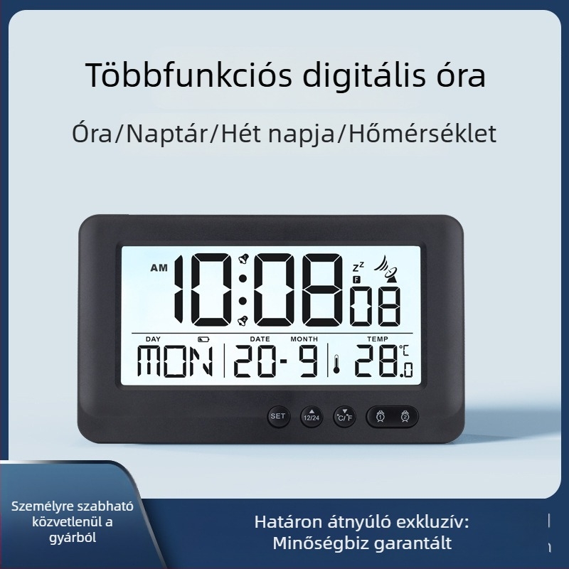 Rádióvezetésű LCD ébresztőóra hőmérővel, örökös naptárral és ébresztő funkcióval