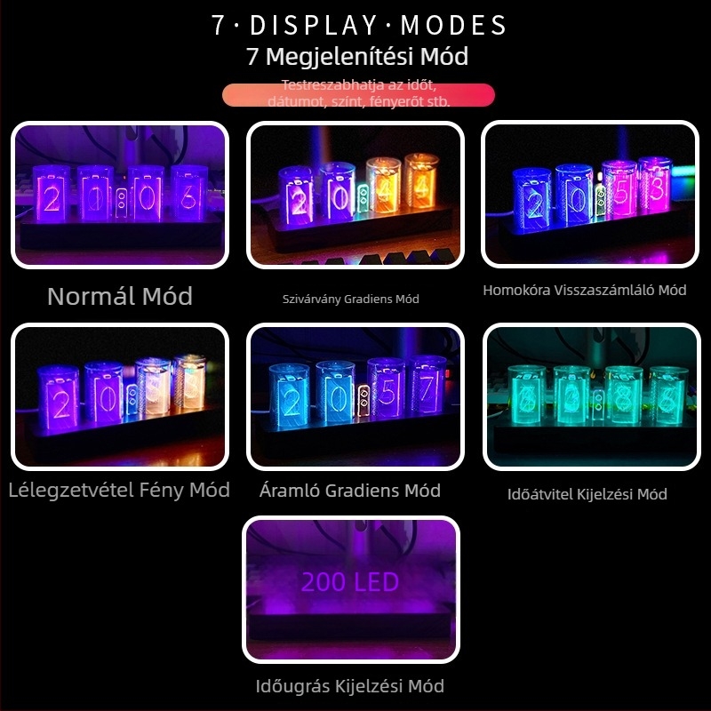 Színes RGB digitális óra fénycső-szerű dizájnnal – asztali dekoráció gaming szobához, DIY elektronikus ébresztő