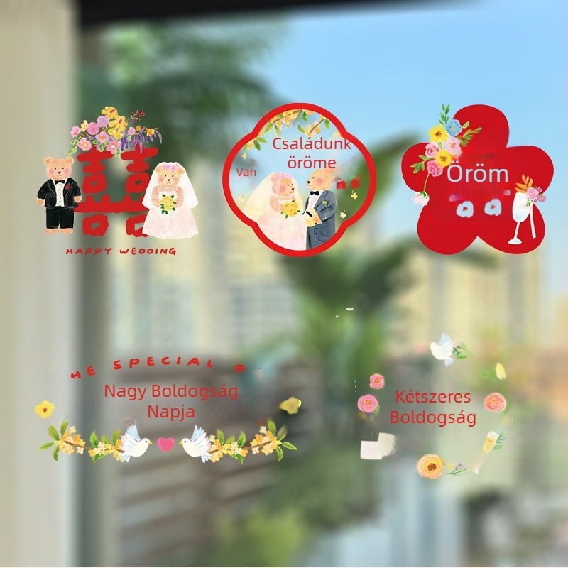 PVC anyagú esküvői ablakdekorációk boldog szavakkal és kézzel festett macikkal – statikus ablak matricák