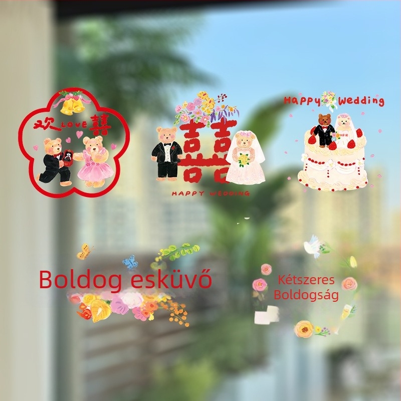 PVC anyagú esküvői ablakdekorációk boldog szavakkal és kézzel festett macikkal – statikus ablak matricák