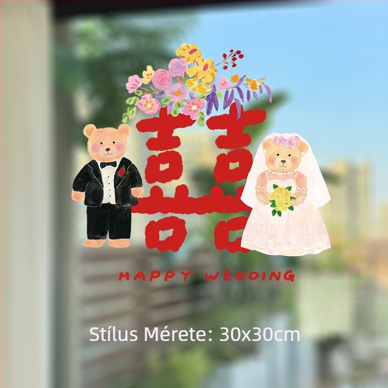 PVC anyagú esküvői ablakdekorációk boldog szavakkal és kézzel festett macikkal – statikus ablak matricák