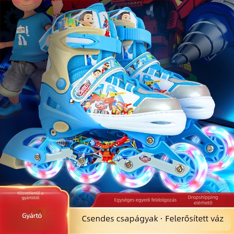Gyerekeknek szóló görkorcsolya rajzfilm mintával, egysoros kerekek, PU kerekek, uniszex