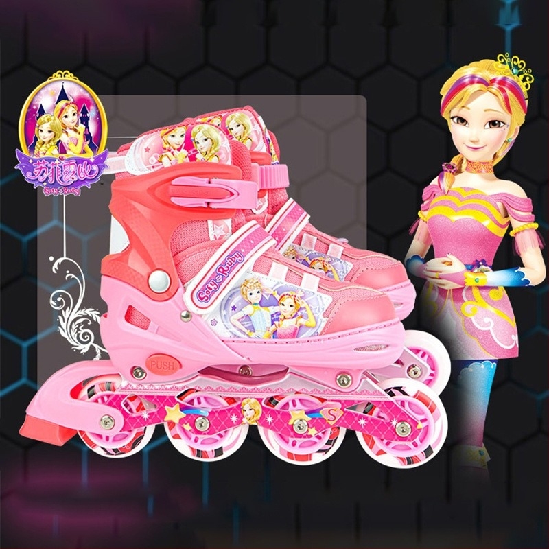 Gyerekeknek szóló görkorcsolya rajzfilm mintával, egysoros kerekek, PU kerekek, uniszex