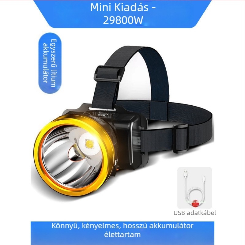 LED-es fejlámpa, újratölthető, éjjeli horgászathoz és bányász lámpának