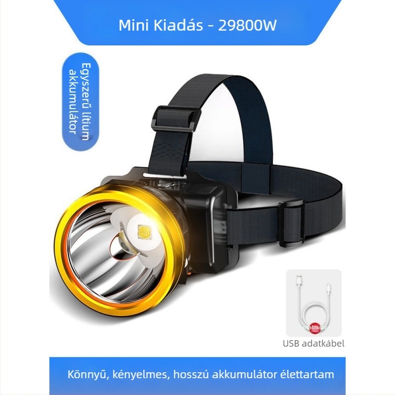 LED-es fejlámpa, újratölthető, éjjeli horgászathoz és bányász lámpának