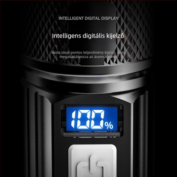 LED zseblámpa, újratölthető akkumulátorral, 10W, 1200 mAh, optikai zoom, hatótávolság akár 500 m