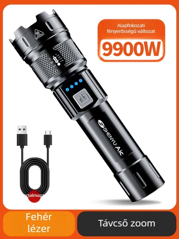 LED zseblámpa, újratölthető akkumulátorral, 10W, 1200 mAh, optikai zoom, hatótávolság akár 500 m