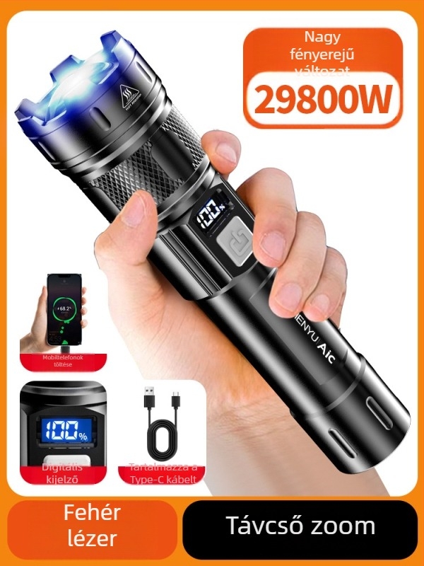 LED zseblámpa, újratölthető akkumulátorral, 10W, 1200 mAh, optikai zoom, hatótávolság akár 500 m