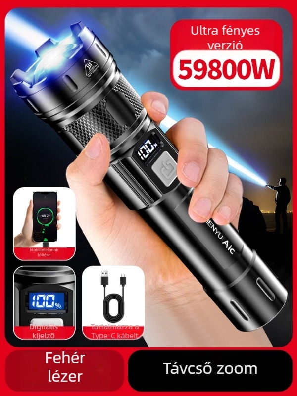 LED zseblámpa, újratölthető akkumulátorral, 10W, 1200 mAh, optikai zoom, hatótávolság akár 500 m