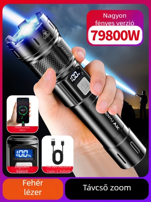 LED zseblámpa, újratölthető akkumulátorral, 10W, 1200 mAh, optikai zoom, hatótávolság akár 500 m