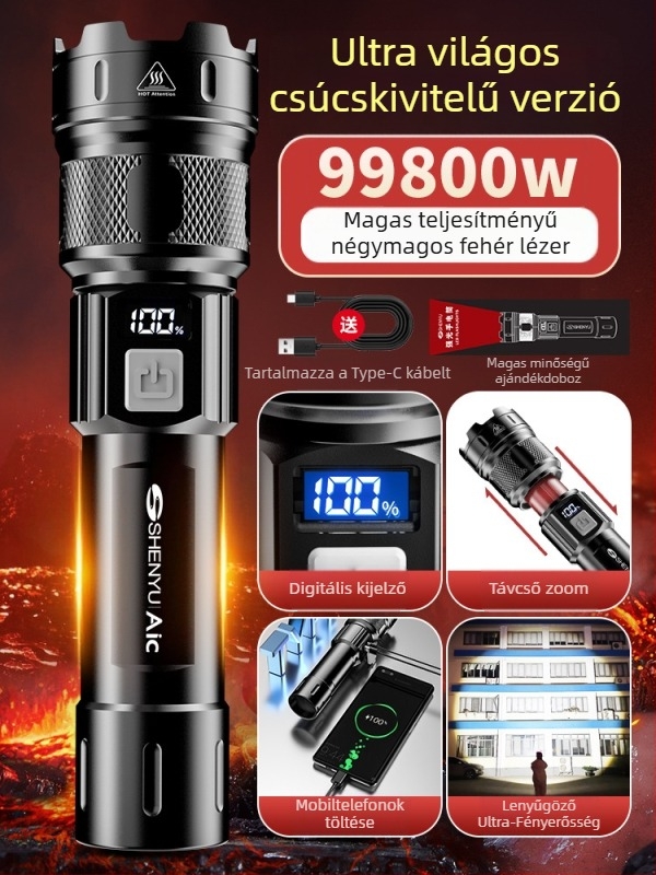 LED zseblámpa, újratölthető akkumulátorral, 10W, 1200 mAh, optikai zoom, hatótávolság akár 500 m
