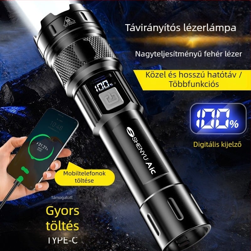LED zseblámpa, újratölthető akkumulátorral, 10W, 1200 mAh, optikai zoom, hatótávolság akár 500 m