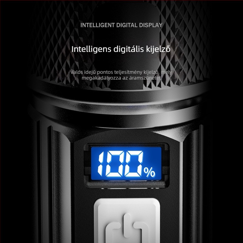 LED zseblámpa, újratölthető akkumulátorral, 10W, 1200 mAh, optikai zoom, hatótávolság akár 500 m