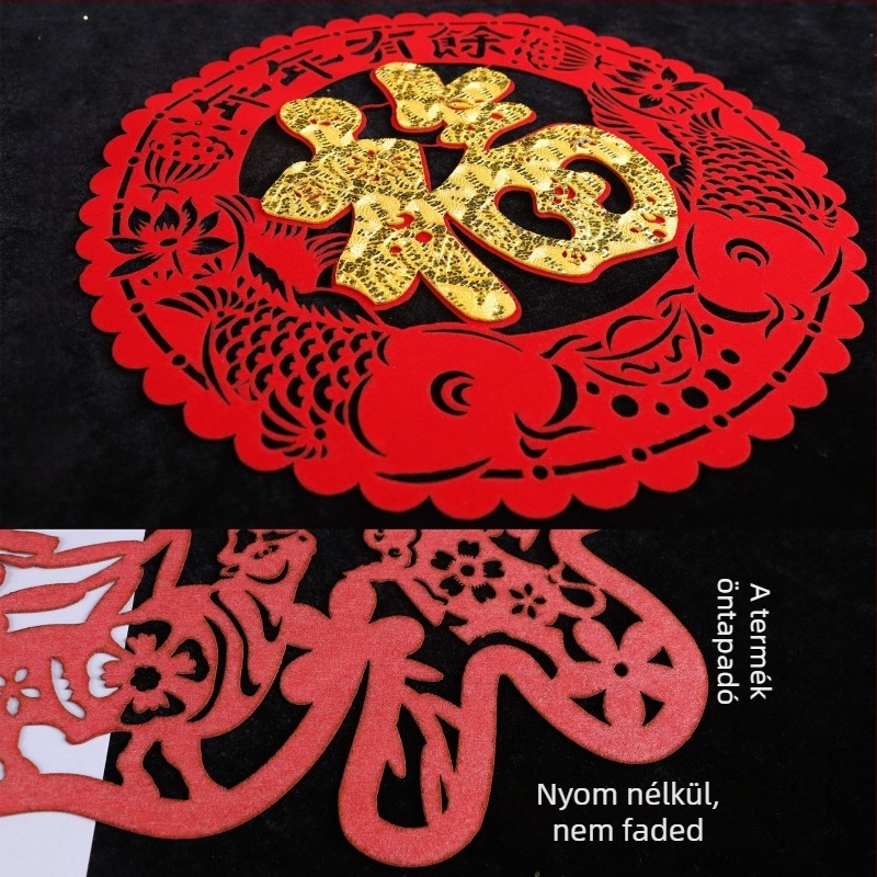 Flokkolt szövetből készült ablakmatrica, kézzel készített, kínai stílusú, tavaszi fesztivál áldása a Ló évére