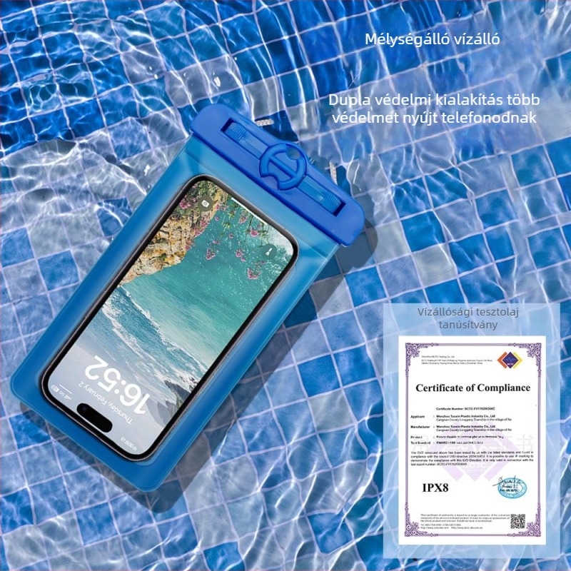 Telefon vízálló táska PVC+ABS anyagból, IPX8 tanúsított, logó nyomtatás, testreszabható, magáncímkével licencelhető