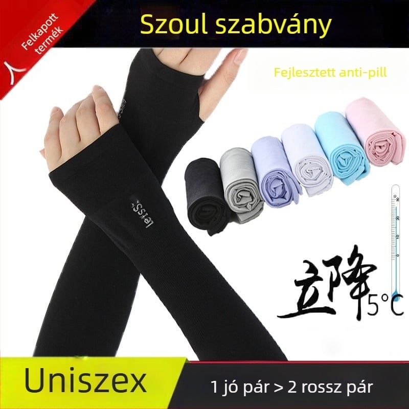 UV-védő karvédő hűsítő érzetű, kültéri használatra, uniszex; nylon 80–90%; Spandex/Lycra; anyag tömege 28–34 g; ujjakhoz tervezett dizájn