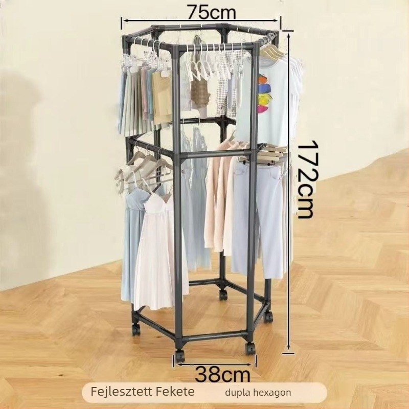 Padlón álló szárítórács, hexagonális 16 csővel, görgőkkel mozgatható, forgó, és szárító hálóval