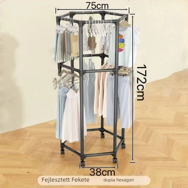Padlón álló szárítórács, hexagonális 16 csővel, görgőkkel mozgatható, forgó, és szárító hálóval